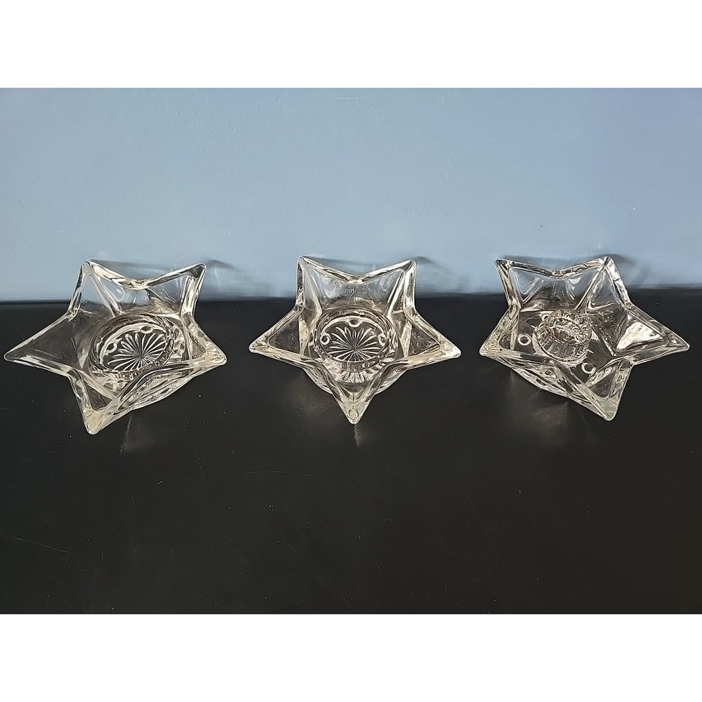 Hazel-Atlas Clear Glass Star Candle Stick Holders Set of 3 Starburst Bottom Vtg